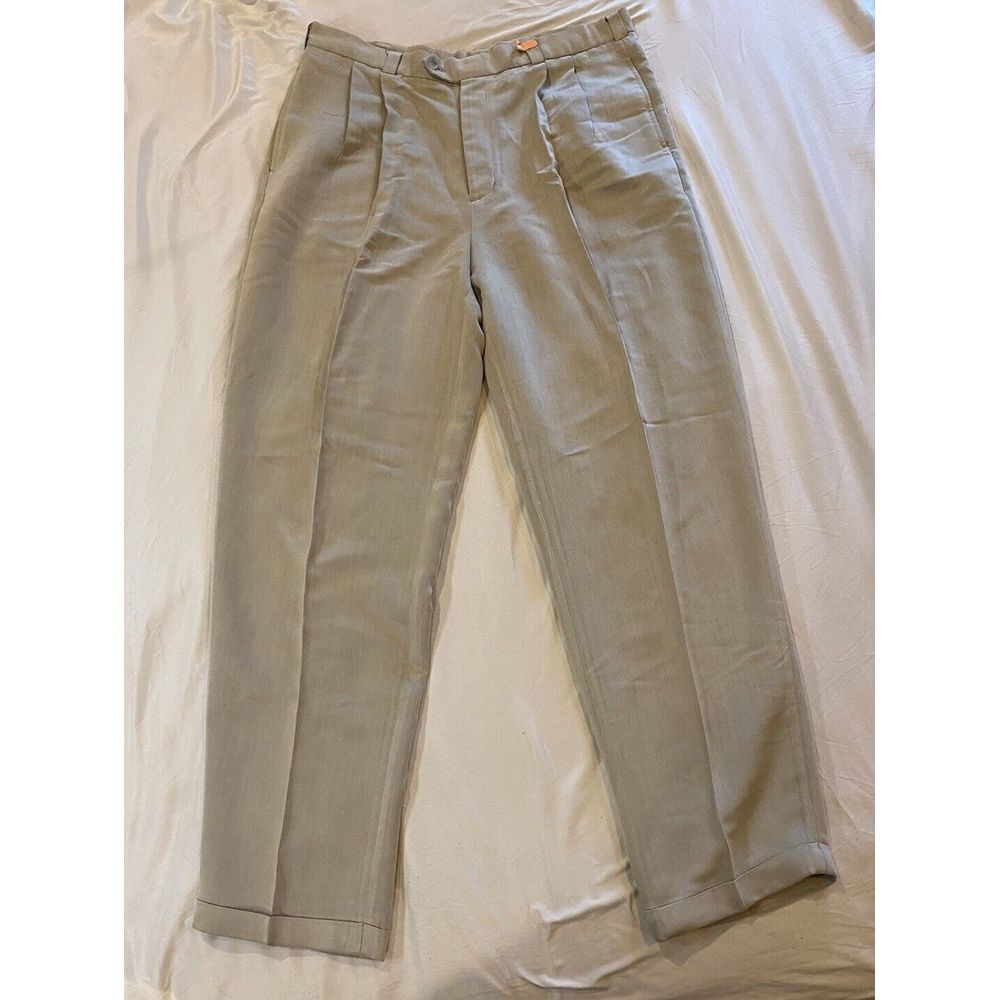 Perry Ellis Beige Pleated Dress Pants 38Wx34L Men's Cuffed Business Slacks